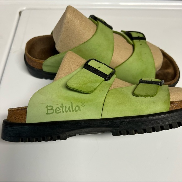 Birkenstock Betula platform Arizona 2 strap slide neon green leather black buckl - Picture 2 of 12